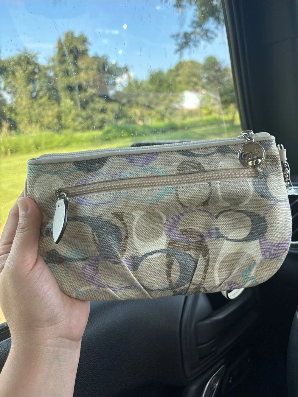 Coach Signature Canvas Wristlet with Pastel Purple and Teal Accents